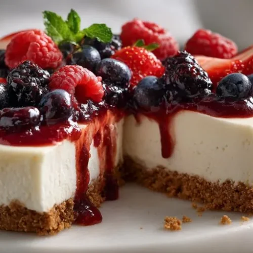creamy cheesecake topped with strawberries blueberries raspberries and berry sauce