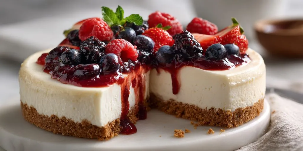 creamy cheesecake topped with strawberries blueberries raspberries and berry sauce