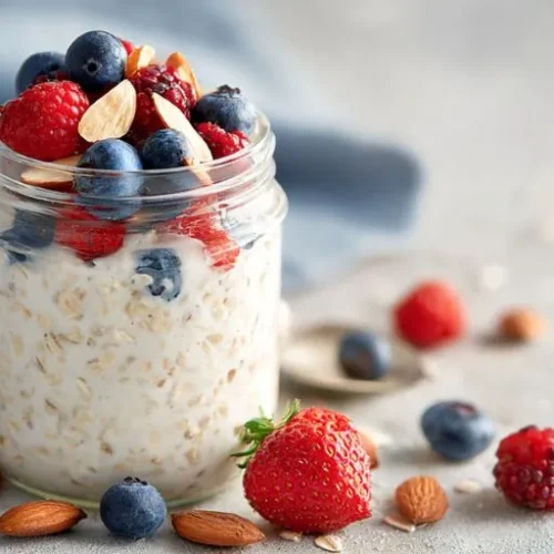 overnight oats in jar topped with strawberries blueberries raspberries and almonds