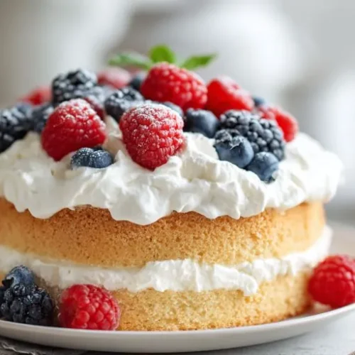 berry shortcake with whipped cream and fresh raspberries blueberries and blackberries