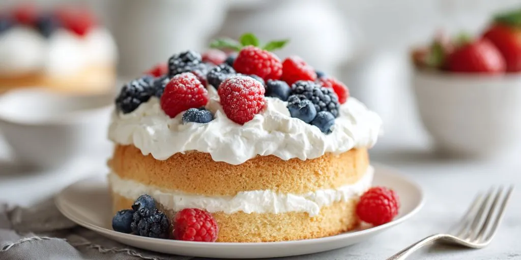 berry shortcake with whipped cream and fresh raspberries blueberries and blackberries