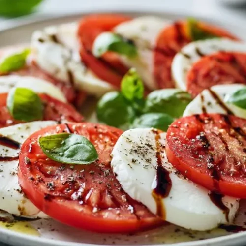 caprese salad with fresh tomatoes mozzarella basil and balsamic glaze on a plate