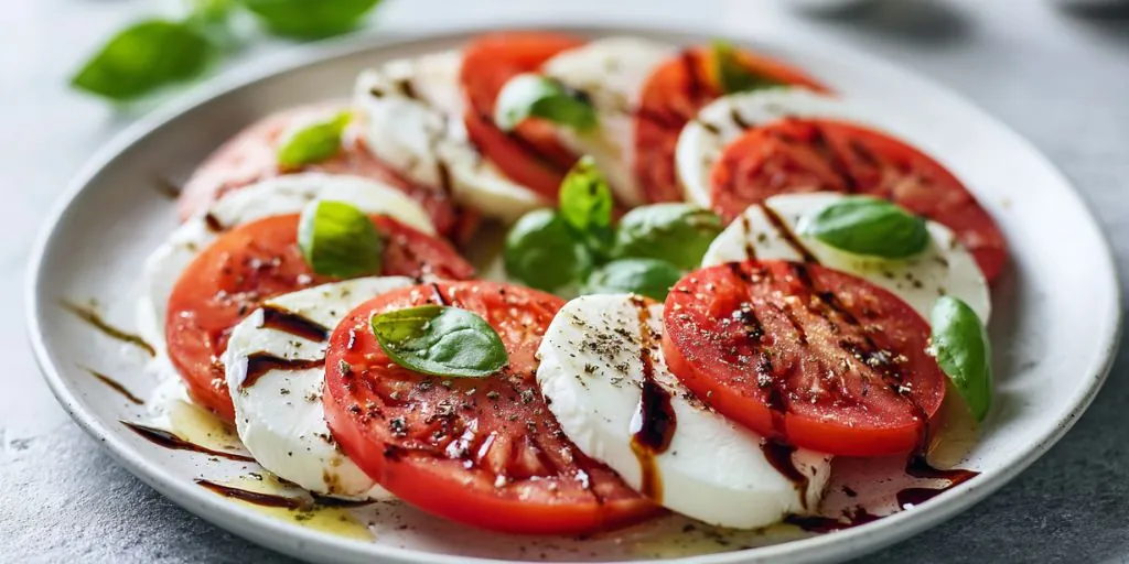 caprese salad with fresh tomatoes mozzarella basil and balsamic glaze on a plate