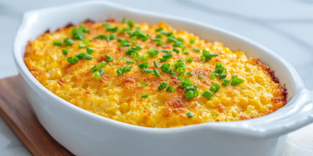 cheesy corn casserole baked golden with chives in a white dish