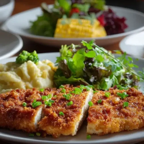crispy breaded chicken with mashed potatoes salad and corn side dishes