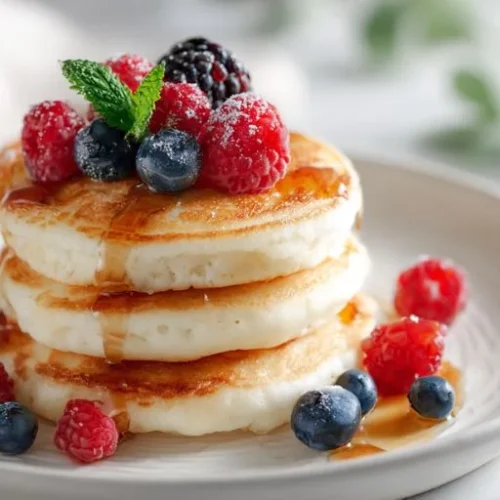 fluffy pancakes stacked with fresh berries maple syrup and mint garnish