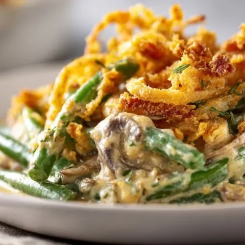 creamy green bean casserole with mushrooms and crispy fried onions on top
