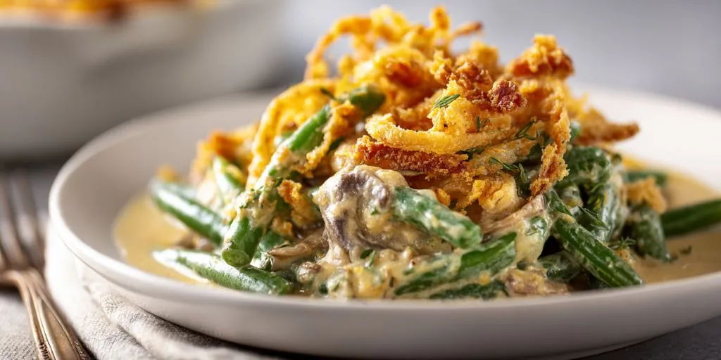 creamy green bean casserole with mushrooms and crispy fried onions on top