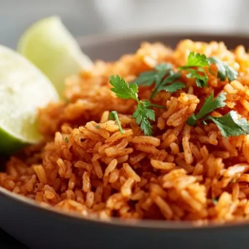 fluffy spanish rice with tomato flavor garnished with cilantro and lime wedges
