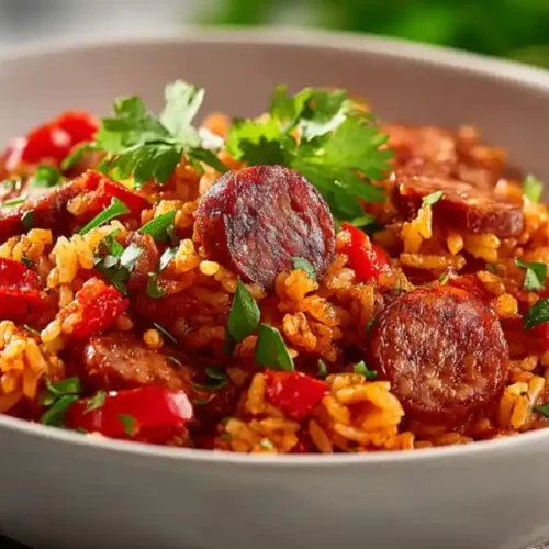 spicy sausage rice bowl with bell peppers herbs and seasoned rice