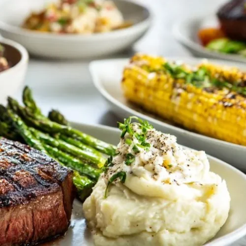 grilled steak with mashed potatoes asparagus and corn on the cob plated meal