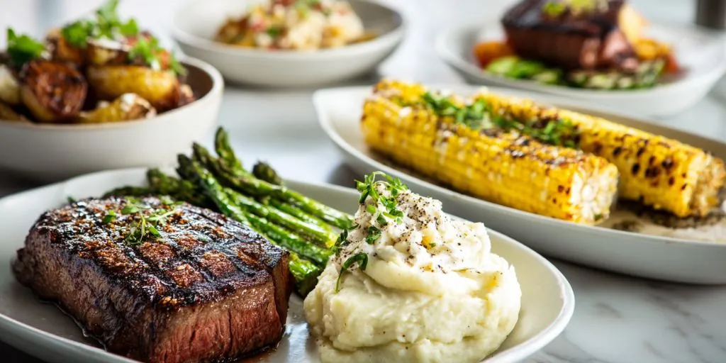 grilled steak with mashed potatoes asparagus and corn on the cob plated meal