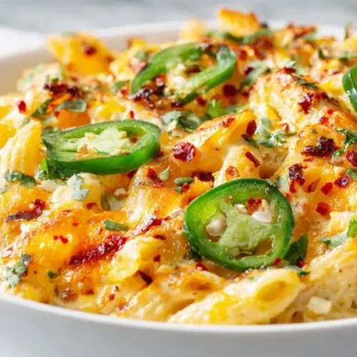 cheesy jalapeno chicken pasta with melted cheese and sliced jalapenos in creamy sauce