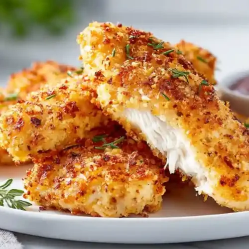 crispy baked chicken tenders with golden crust and dipping sauce on plate