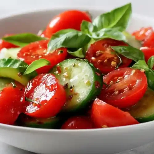 fresh cucumber tomato salad with basil and light dressing in white bowl