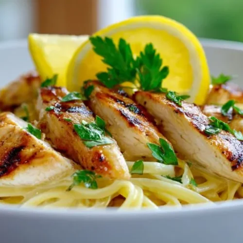 grilled chicken lemon pasta with parsley and fresh lemon slices in a white bowl