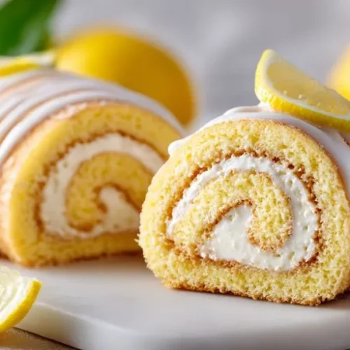 lemon cream roll cake with soft sponge swirl and citrus glaze
