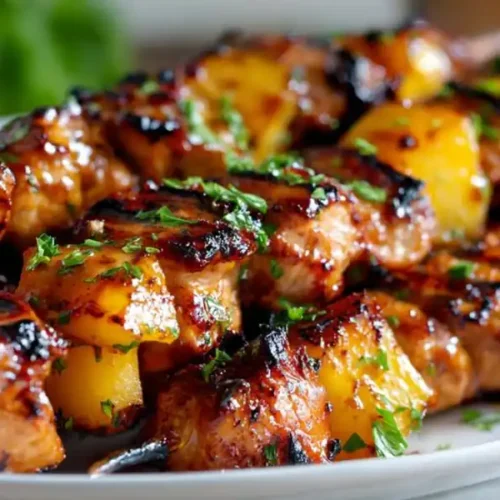 BBQ chicken pineapple kabobs grilled with charred chicken and juicy pineapple chunks