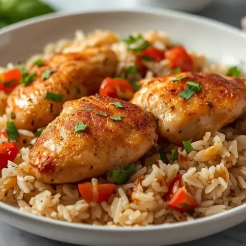 One Pan Tomato Basil Chicken and Rice recipe