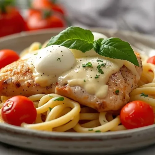 Creamy Chicken Caprese Pasta recipe